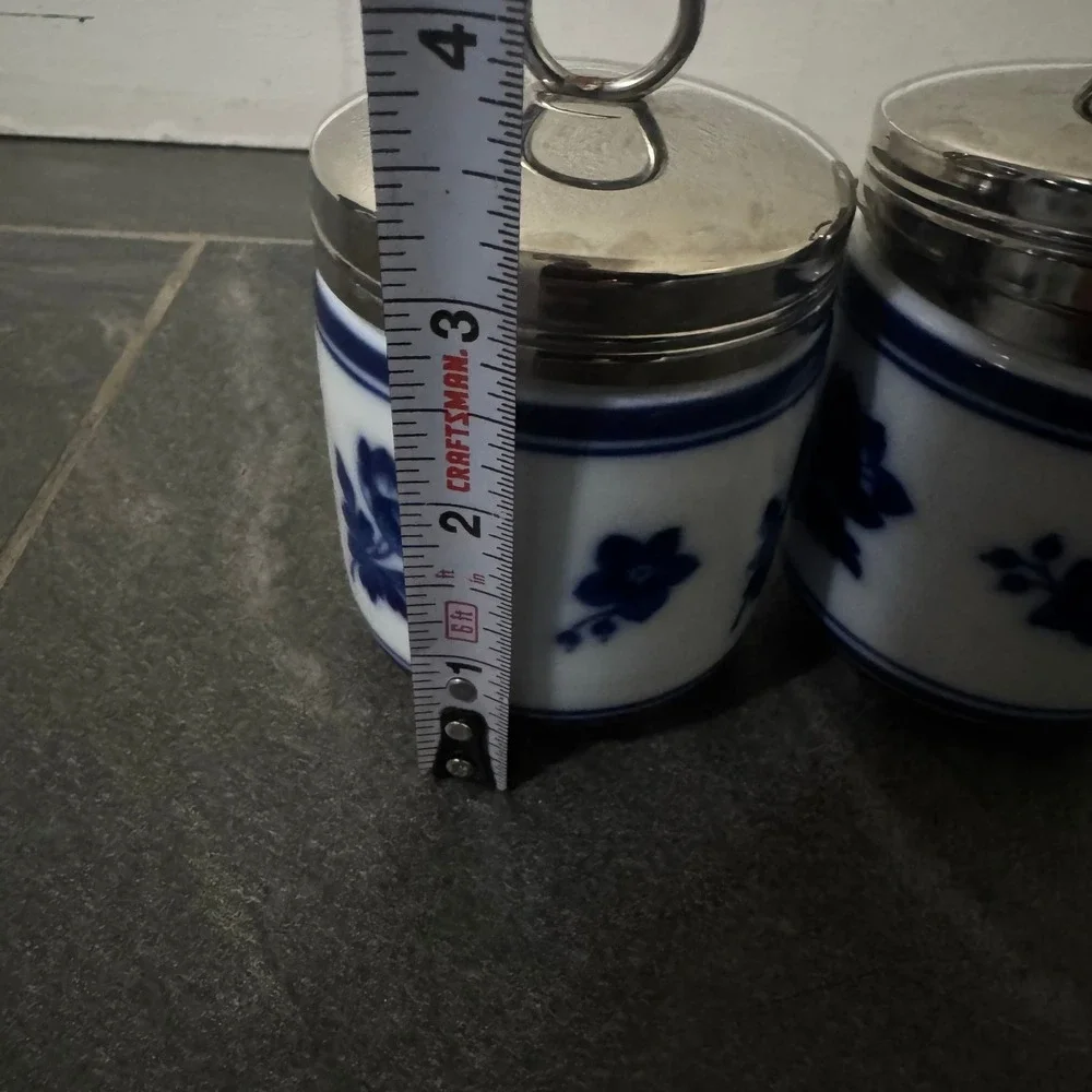 Williams Sonoma Blue Floral Porcelain Egg Coddlers Stainless Steel Lids Set of 2